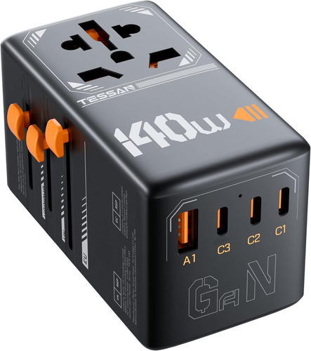 TESSAN 140W Gan Universal Travel Adapter, International Plug Adaptor with 3 USB - Picture 7 of 12