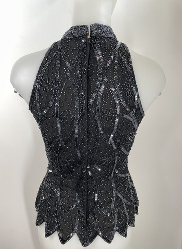 VTG Silk Beaded Halter Top Choker Neck Black STENAY SZ S Zip Back - Picture 2 of 13