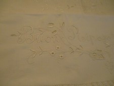 Antico? Lenzuolo italiano Buon Riposo e 2 astucci ricamo disegno punto orlo
