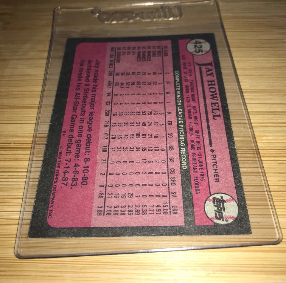 Tarjeta de béisbol 1989 Topps Error Bill Schroeder delantera/estadísticas de Jay Howell en la parte posterior Foto 2 de 2