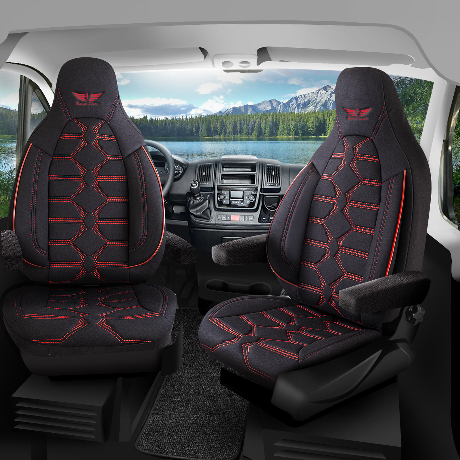 Fundas de asiento adecuadas para autocaravana Varius en negro rojo piloto 2.2