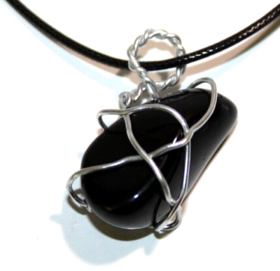 Black Obsidian Utah Gemstone Silver Tone Wire Wrap Polished Pendant Necklace 18''