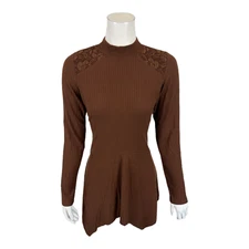 LOGO by Lori Goldstein Long-Sleeves Knit Top w/ Lace Inset Brown XX-Small Size 