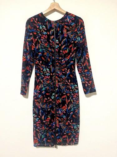 Whistles Maria Mari Print Side Ruched Silk Bodycon Dress Red Multi Size 4 E36 - Picture 5 of 11
