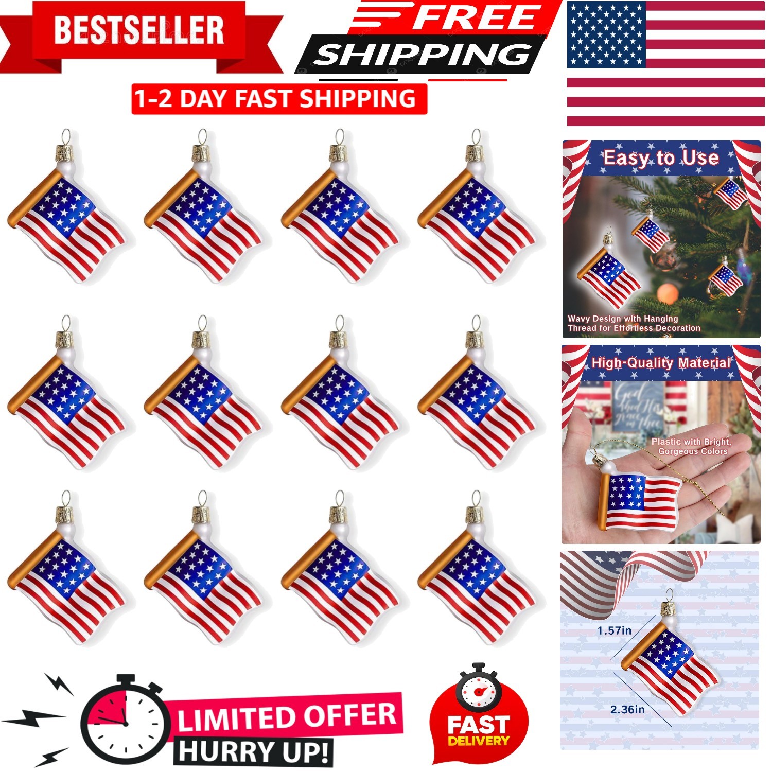 8 PCS American Flag Glass Ornaments, Patriotic Glass Blown Flag Ornaments, 4Th o