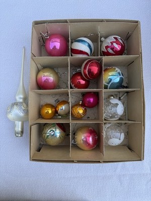 16 Vintage 1950 s 60 s Glass Christmas Baubles + Hand blown glass tree topper