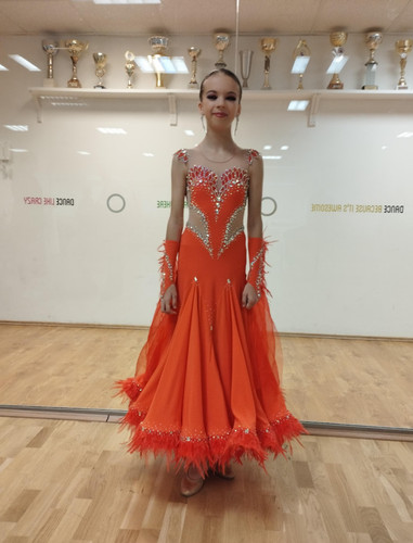 Bright Orange Ballroom Dress, Stones & Feathers, Built-in Bodysuit, 150–155 cm