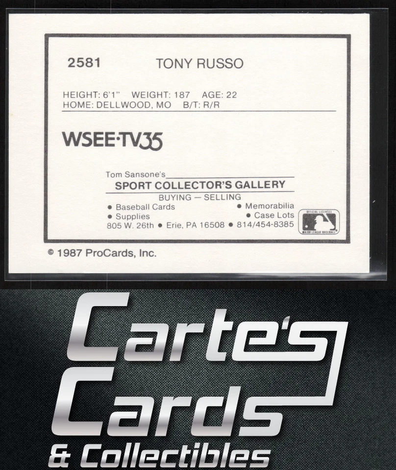 Tony Russo 1987 ProCards #2581 Erie Cardinals - Image 2 of 2