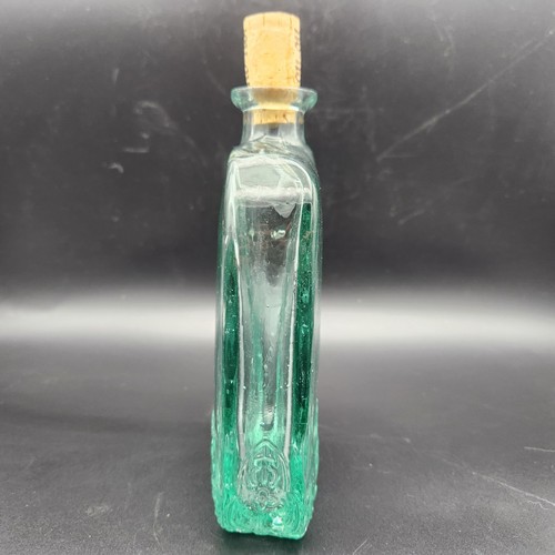 Antique Art Noveau Embossed Aqua Tinted Corked Glass Flask, 6" x 3 3/4" Bottle - Picture 5 of 10