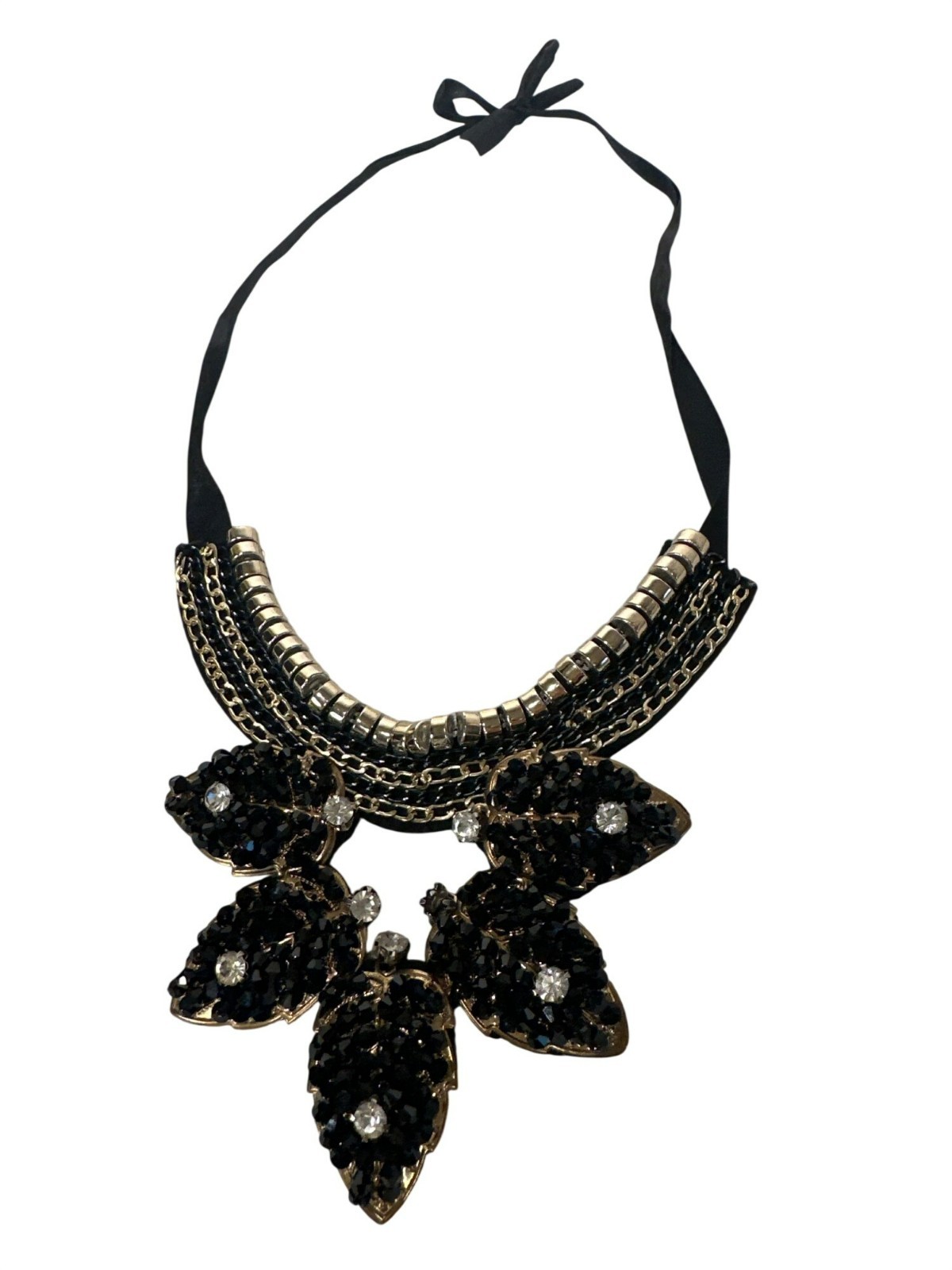 Black Beaded & Rhinestone Statement Necklace Ribb… - image 1