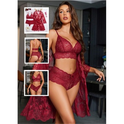 Women's Sexy Lingerie Set 3 Piece Lace Kimono Robe with Bra and Panty  Sleepwear | eBay