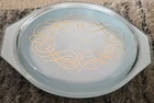 VTG PYREX PRINCESS TURQUOISE OVAL CASSEROLE WITH CLEAR LID GOLD SCROLLS 1.5 QT