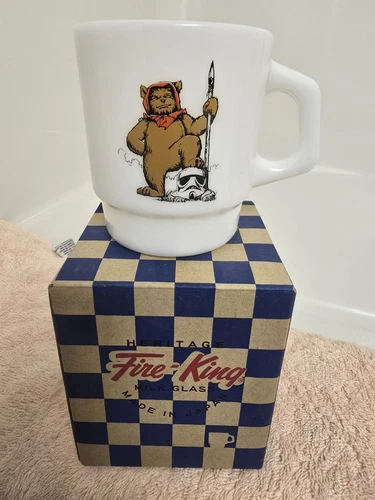 Fire-King Mug STAR WARS Ewok/Stormtrooper Helmet White Milk Glass Made in Japan