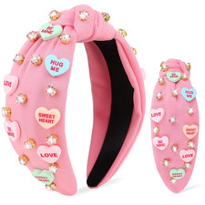 Valentines Day Headbands for Women Love Sweet Heart Headband Pink Rhinestone Kno