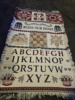 Vintage 1980 s Tapestry Afghan Knit Blanket Bless Our Home 