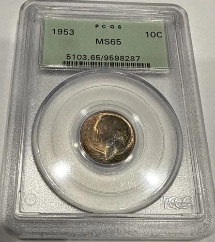 1953 Roosevelt Dime Silver 10C Coin PCGS MS65 OGH Old Green Holder Toned (G15)