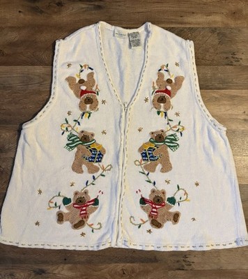 White Stag Women's Christmas Zip Sweater Vest With Teddy Bears Size 22/24
