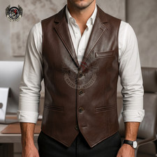 Men's Brown Sheepskin Leather Vest, Western Leather Waistcoat, Classic Button