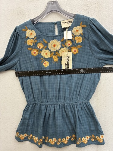 NWT Savanna Jane Blouse Women’s Medium Blue Long Sleeve Peplum Boho Floral - Picture 4 of 10