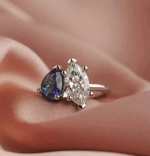 Lab Created Blue Sapphire 3TCW Pear Cut 2 Stone Wedding Ring White Gold Plated