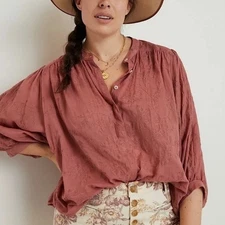 Anthropologie Pilcro Blouse Tavi 1X Pink Embroidered Balloon Sleeve Boho Shirt