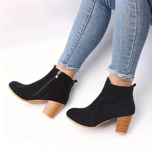 Botas De Ante Cuero Para Mujer Zapatos Sólidos De Tacón Grueso Botines Invierno - Bild 14 von 15