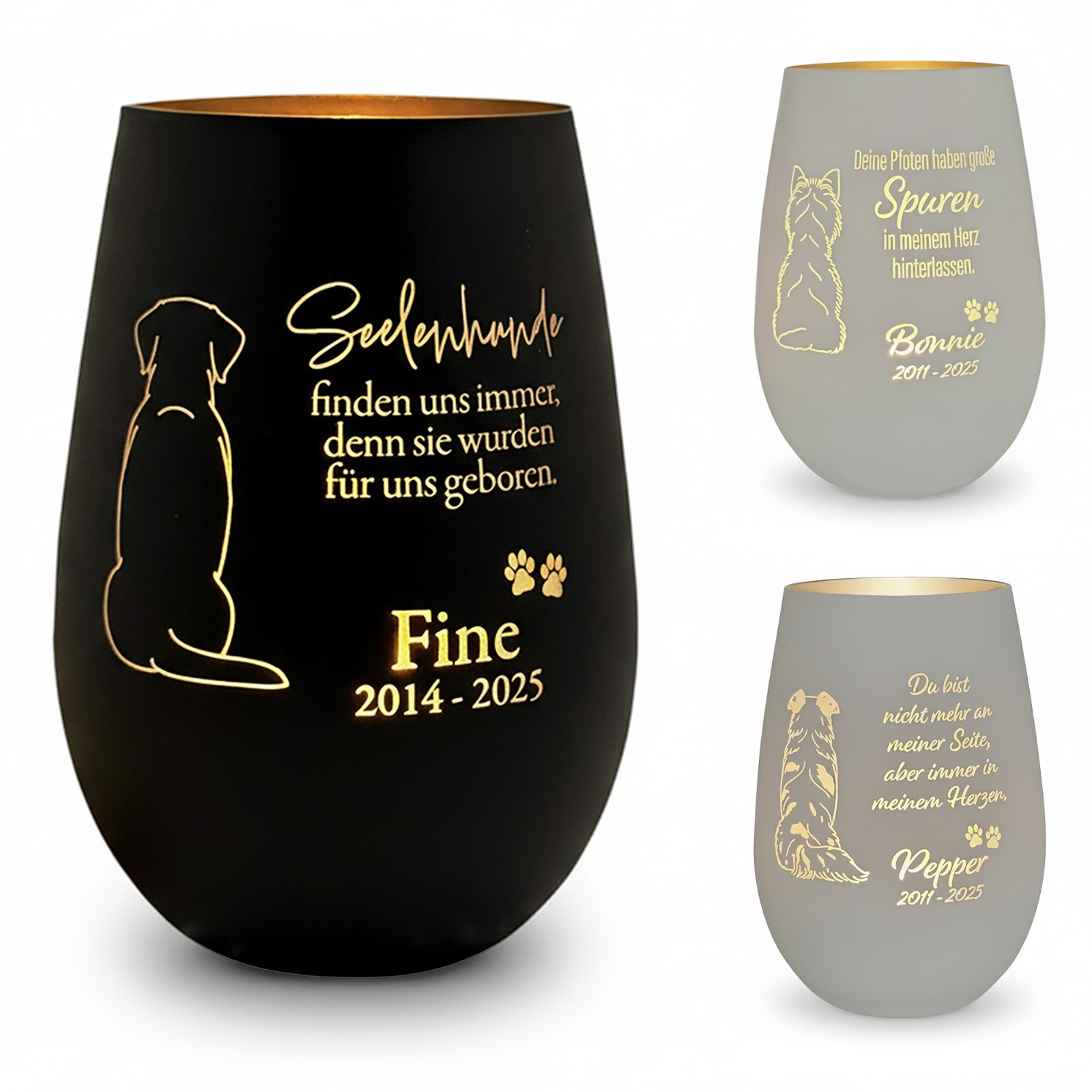 Trauerlicht Hund personalisiert aus Glas mit Silhouette – Name, Spruch & Datum
