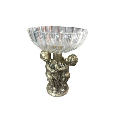 Vintage Cherub Pedestal Glass Bowl Scalloped Ribbed Candy Dish Gold Tone Base