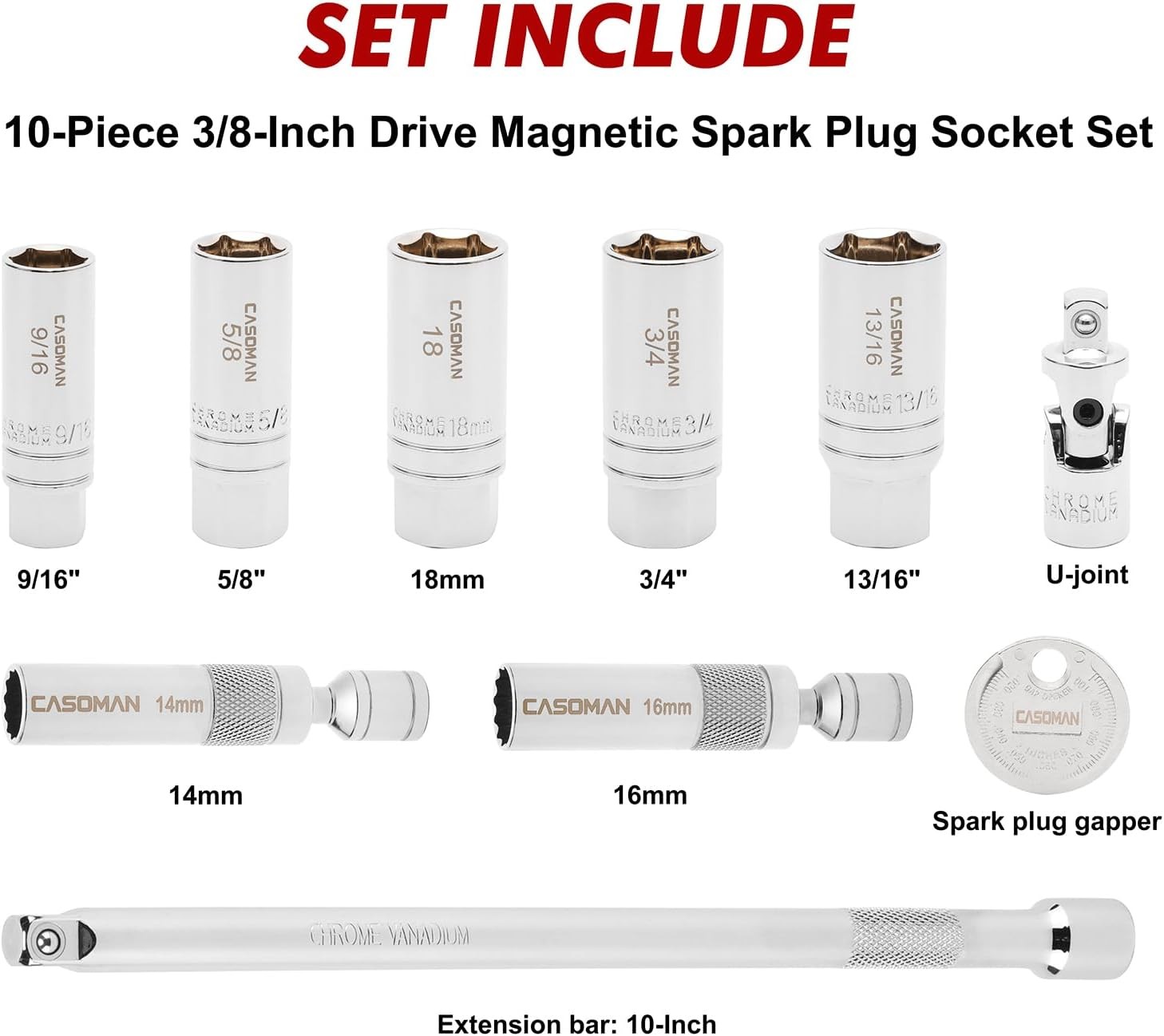 CASOMAN 10PCS 3/8"Drive Magnetic Spark Plug 10-Piece Set with Accessory 