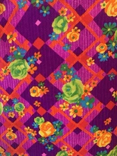 60s 70s Vintage Psychedelic Neon Floral Zip Front  Short Sleeve Blouse Small Med