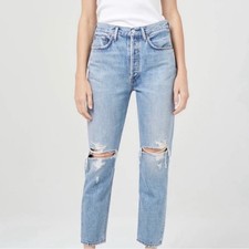 Agolde Riley Distressed High Rise Button Fly Cropped Jeans 25