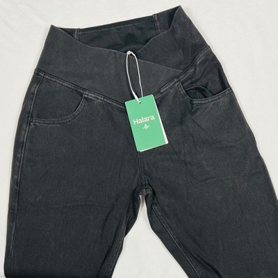 Halara Crossover High Waisted Flare Jeans Black Petite XS Washed Denim Pants