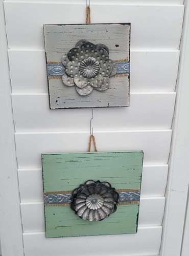 Galvanized Dimensional Metal Flower on MDF Board, 2-PC Rustic Floral Wall Decor - Picture 10 of 23