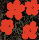 Four red Andy Warhol flower prints on black with green stems, set in a dark green foliage background.