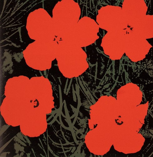 Four red Andy Warhol flower prints on black with green stems, set in a dark green foliage background.