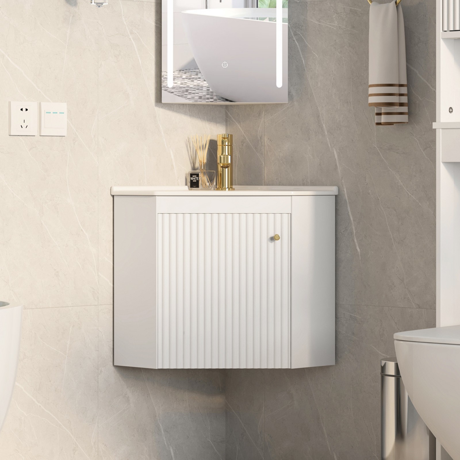 Corner Bathroom Vanity Sink Wall Mounted Combo for Small Space White Ceramic Top