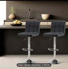 Bar Stools Set of 2 Armless PU Leather Adjustable Swivel Barstools Hydraulic ...