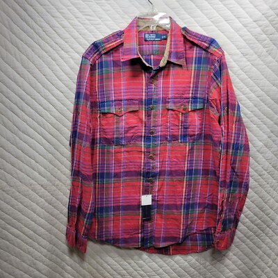 NEW Polo Ralph Lauren Shirt Mens XL Blue Red  Roll Tab Plaid Button Down $98