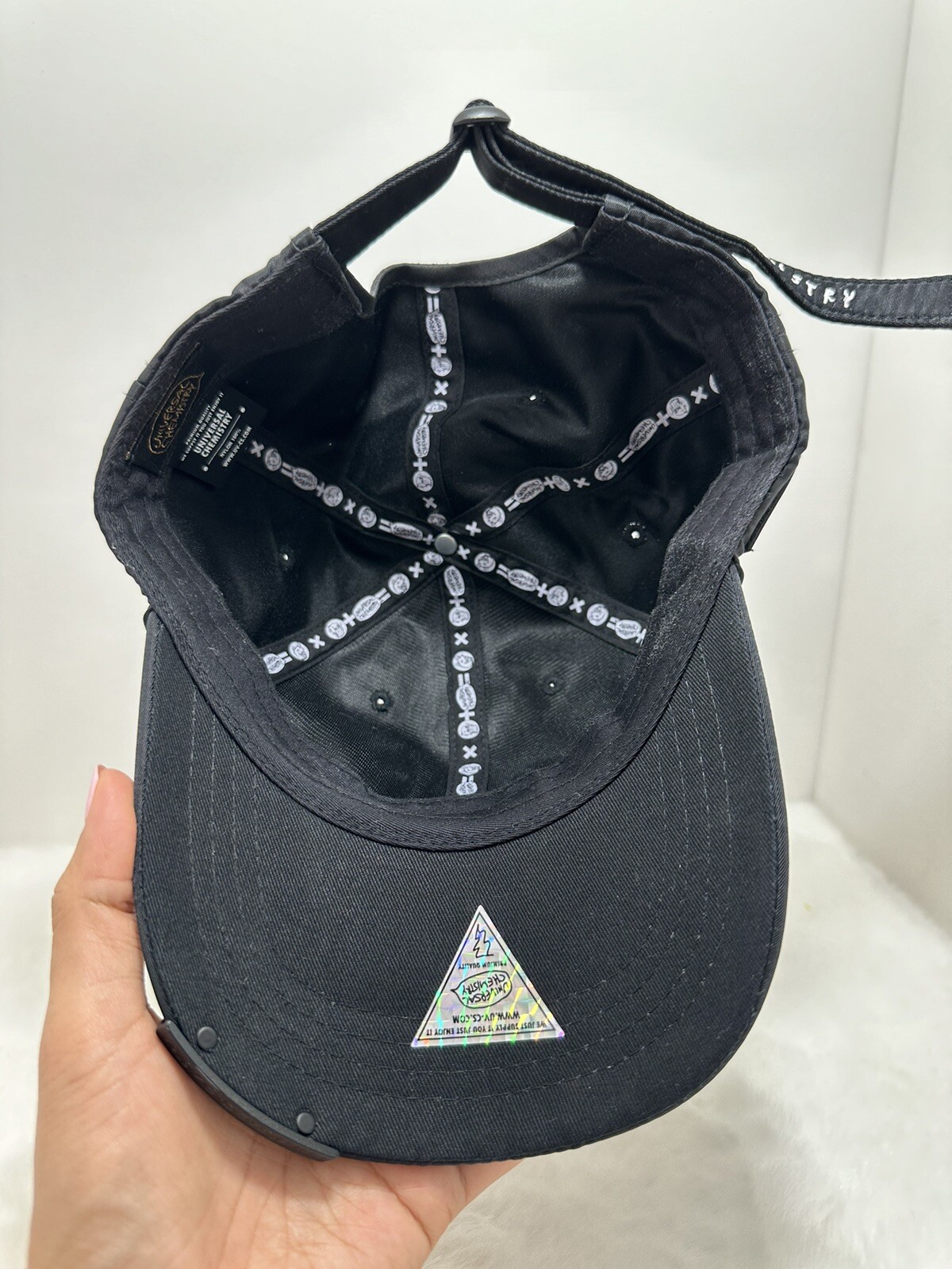 Universal Chemistry Black Nylon Ball Cap Hat Logo Metal Detail Adjustable Strap image 3