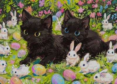 ACEO *Art Print* Black Kitty Cats Baby Kittens & White Easter Bunnies by Saulite