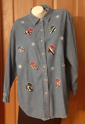 Victoria Jones Woman Blue Denim Shirt Buttons collar Long Sleeves Appliques 1X