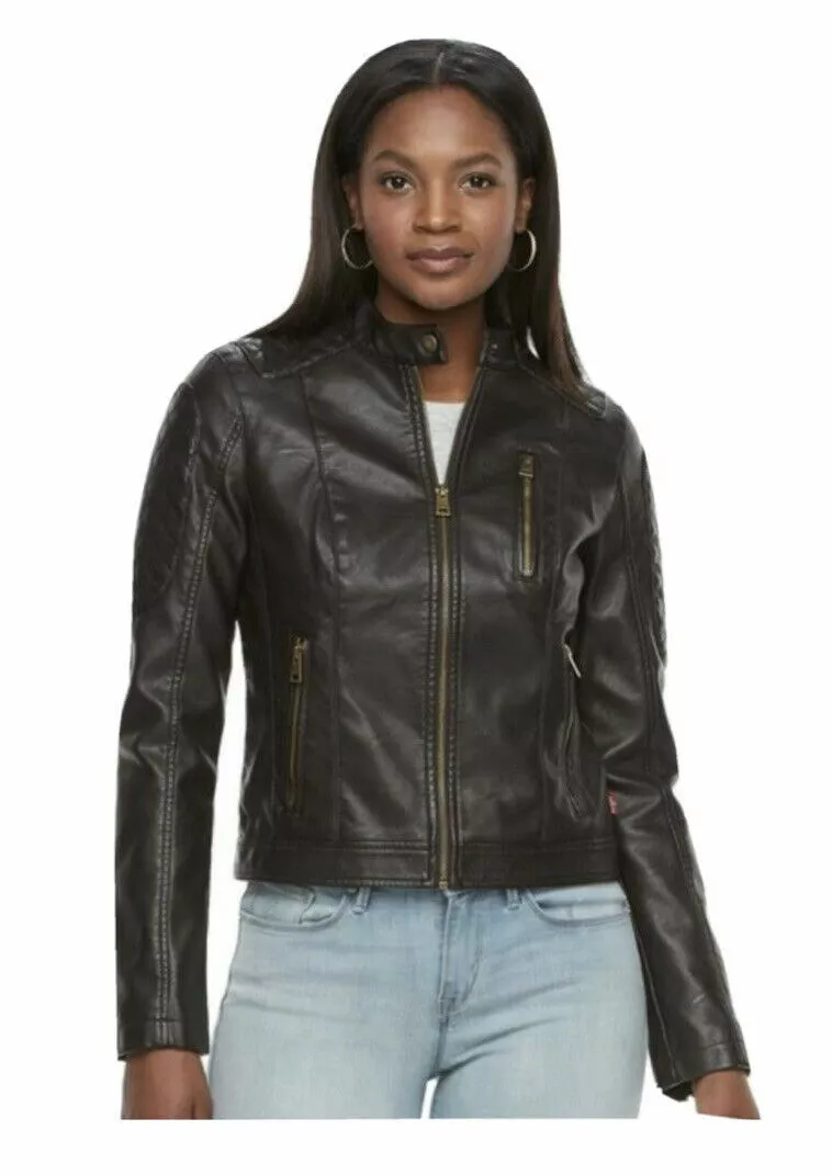 Levi s BROWN Women s Faux Leather Moto Racer Jacket L eBay
