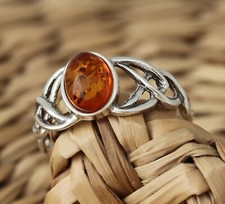 Natural Baltic Amber 925 Sterling Silver Celtic Design Ring Jewellery Gift Boxed