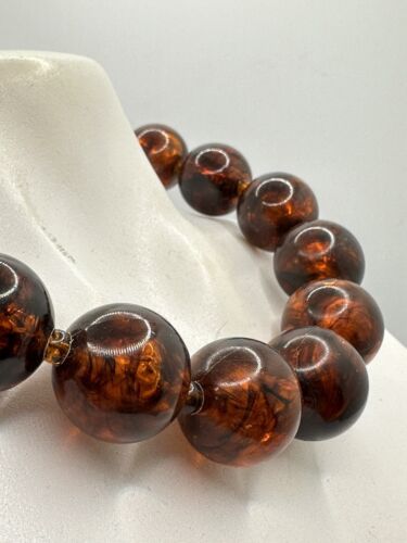 Faux Amber Vintage Beaded Necklace Chunky Brown Plastic Imitation Retro - Picture 3 of 7