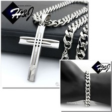 24"MEN Stainless Steel 9x4mm Silver Cuban Curb Chain Necklace Bracelet Pendant A