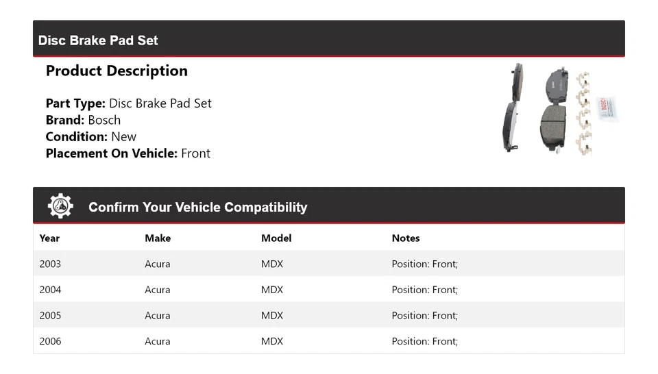 Pastilhas de freio dianteiras 2004 2005 cerâmica Acura MDX Bosch QuietCast 2003-2006 - Imagem 2 de 4