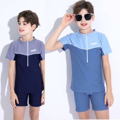 Boys Two Pieces Swimwear Swimming Shorts Children Short Sleeves Swimming Shirt