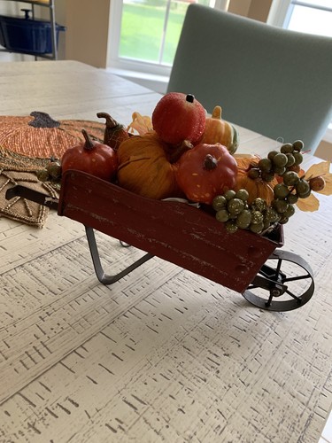 Farmhouse Rustic Fall Decor METAL PUMPKIN WAGON Cart With Wheel 9x4” New - Picture 2 of 12