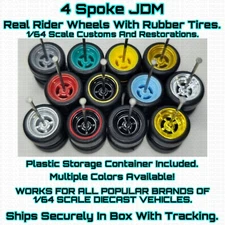 4 SPOKE JDM Real Rider Wheels Rubber Tire For 1/64 Scale Hot Wheel & Other