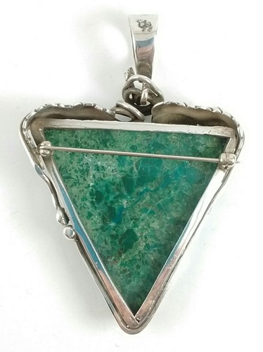 Sterling Silver Large Green Jasper Triangle Pendant Pin Brooch Artisan SOM'S - Picture 6 of 9